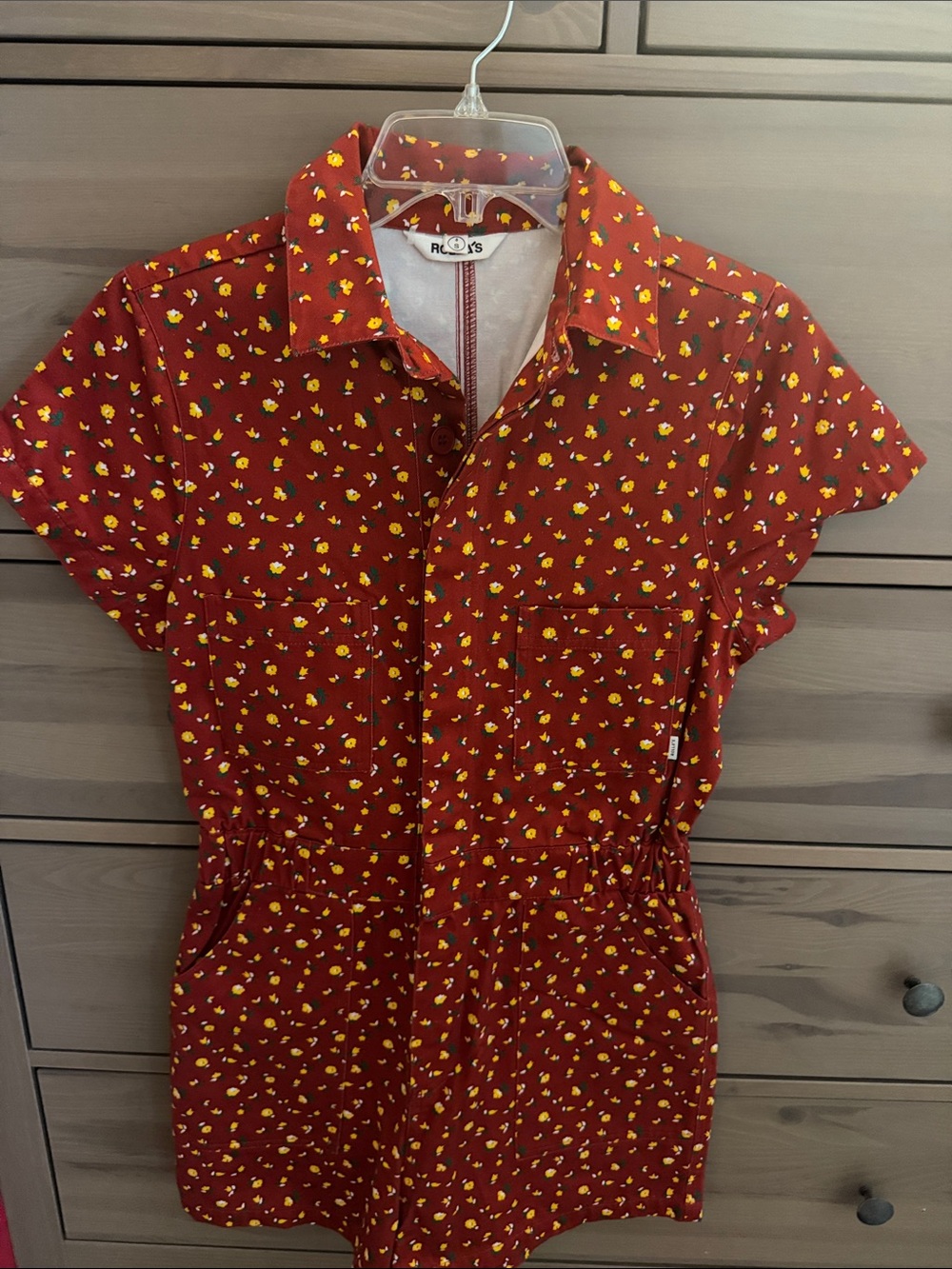 ROLLA'S Red Short-Sleeve Button-Down Romper with Yellow Floral Print